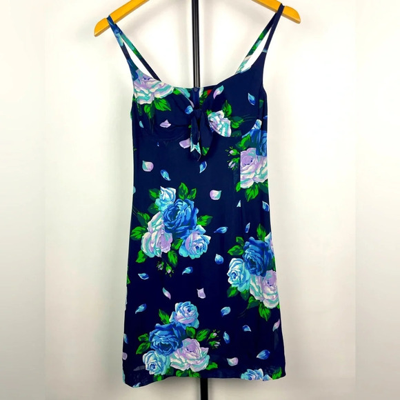 Vintage Kenzo Jungle Navy Blue Rose Floral Sleeveless Mini Dress